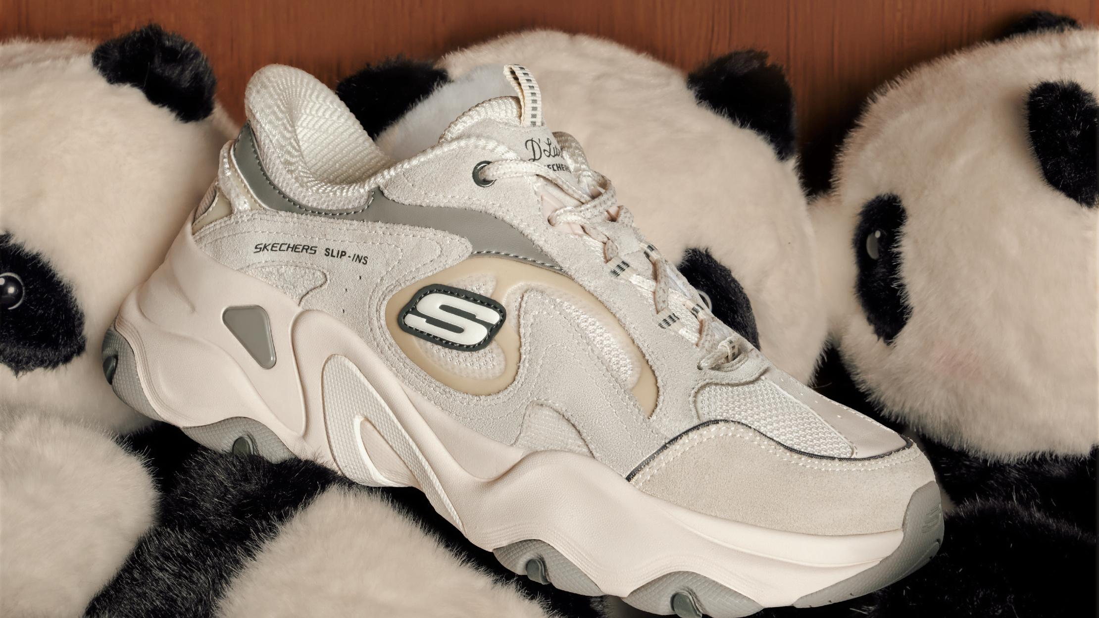 SKECHERS China Boosts Innovation, Protects Margins and Transforms R&D with Centric PLM Featured White Skechers Slip-Ins sneaker displayed on black and white panda-patterned plush fabric.