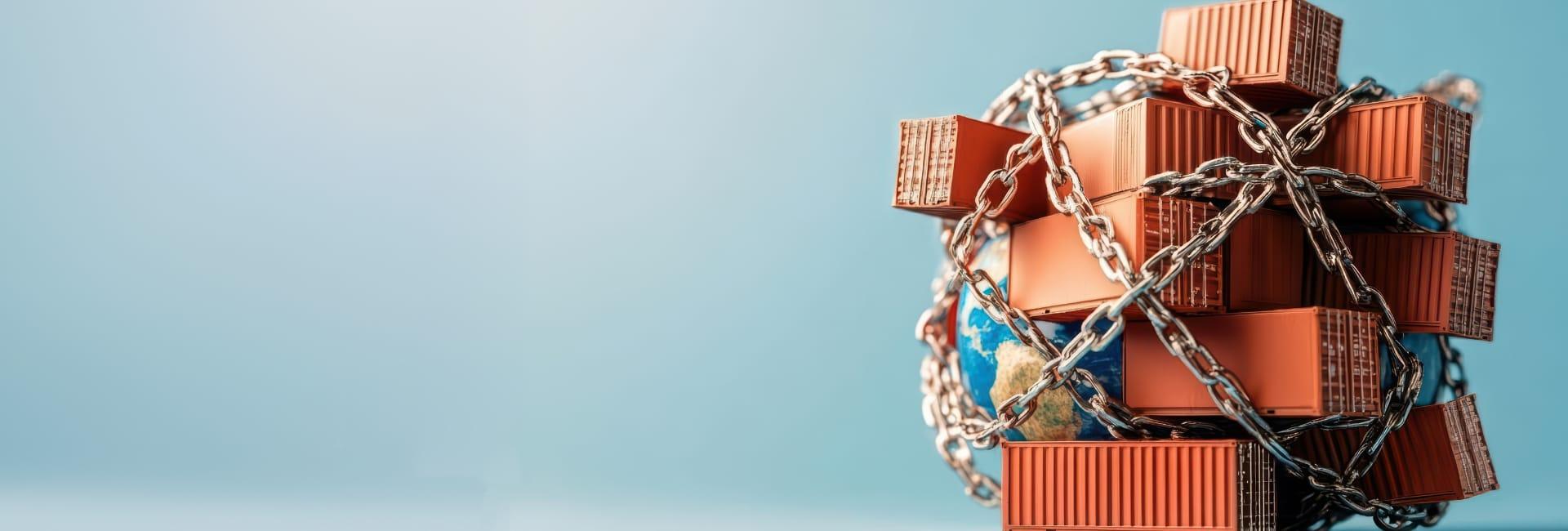 Adapting to Tariff Pressures: Strategies for Retail Success Feature A cluster of orange shipping containers is bound together with thick chains against a blue background, symbolizing global trade strategies and logistics security.