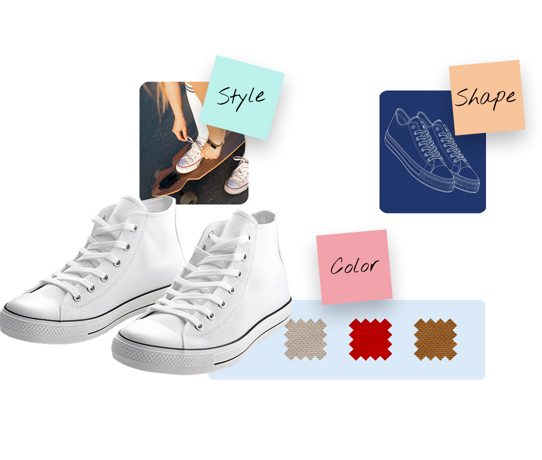 Product Ideation White canvas sneakers with design inspiration board showing style, shape, and color elements including fabric swatches.